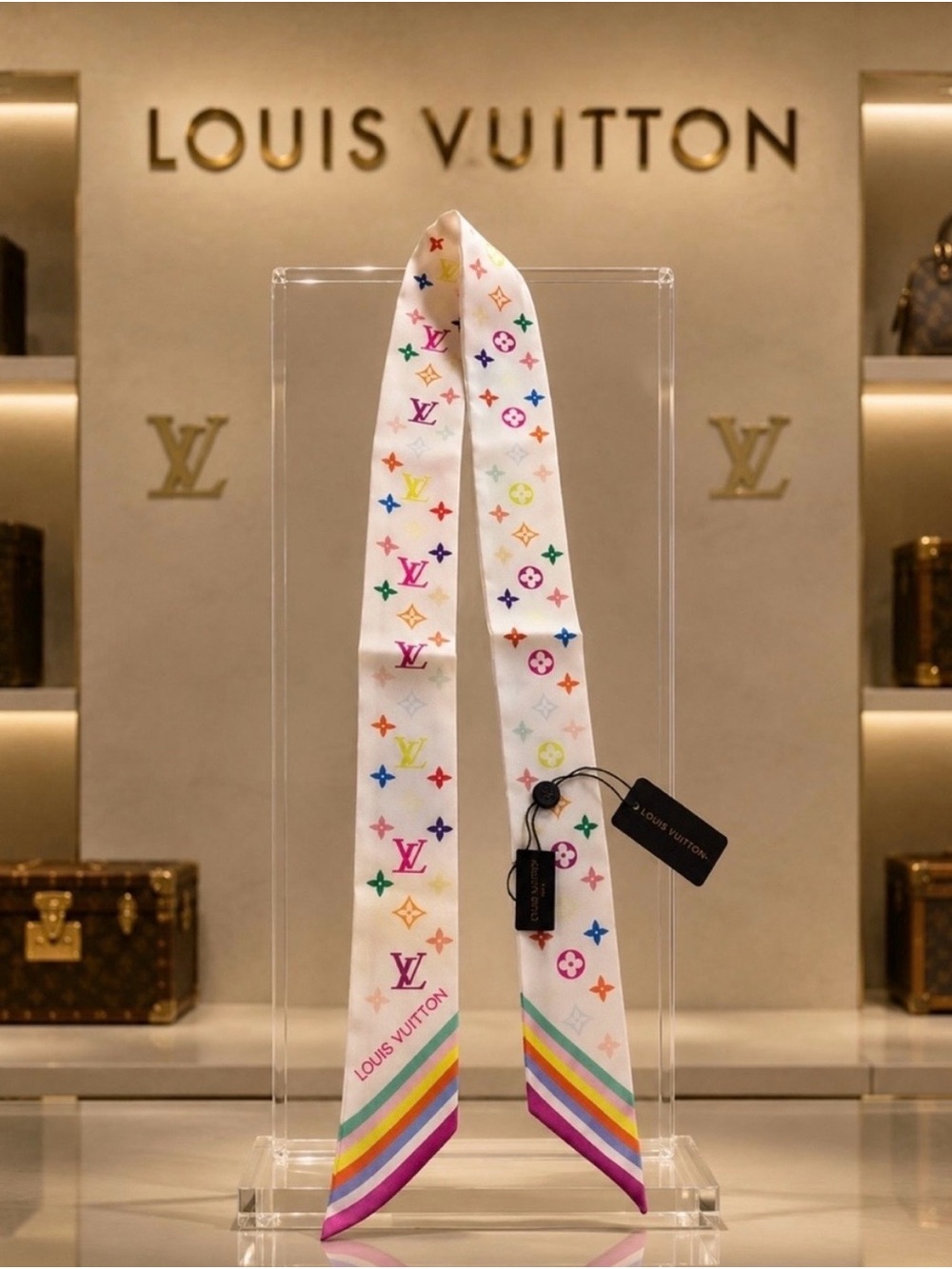Luxury Louis Vuitton White Multicolor Monogram 💯 silk with Rainbow trim bag/hair